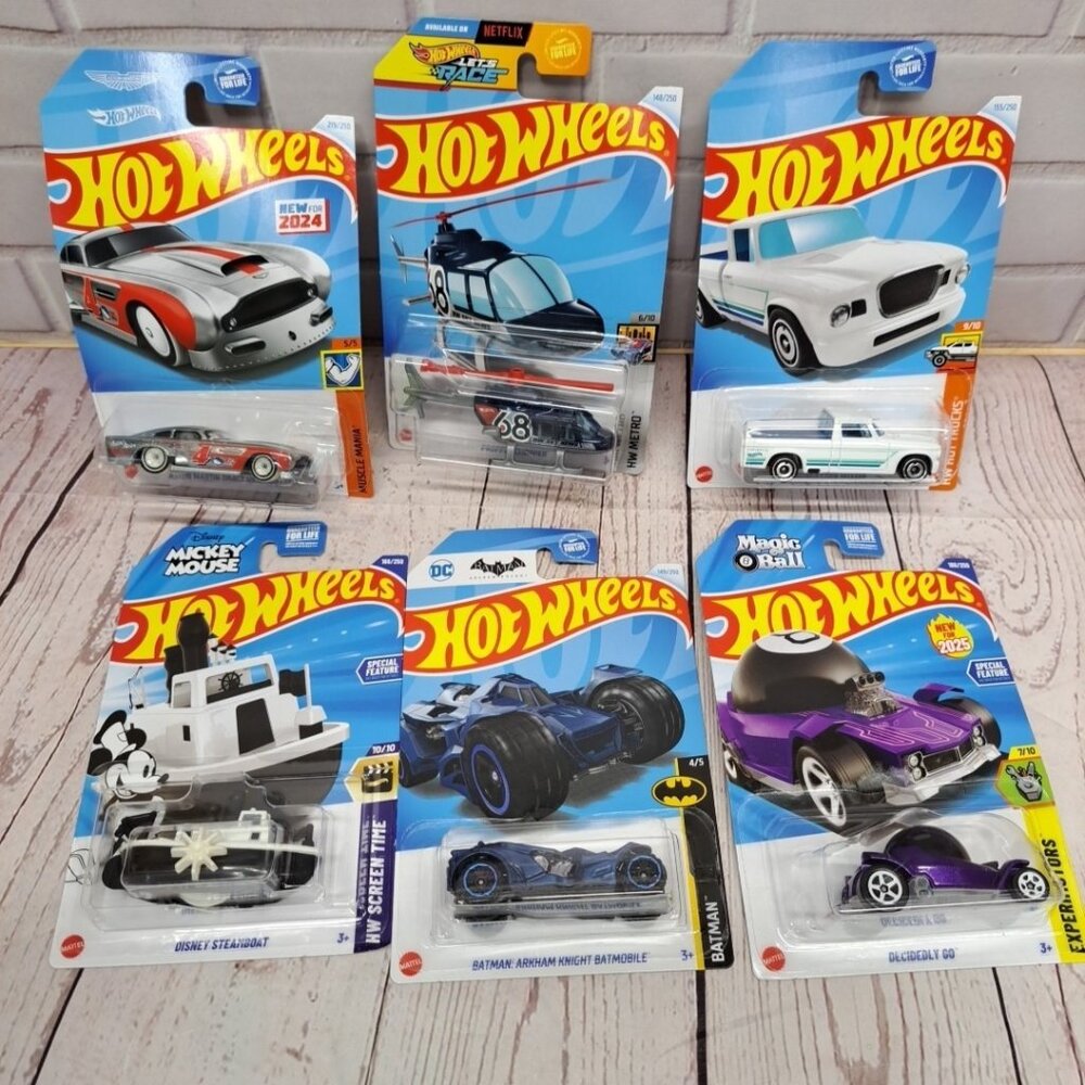 Hot Wheels Mixed Die Cast Lot Of 6, Disney, Truck, Chopper, Batman Sealed